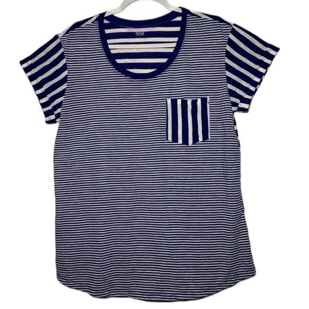 a.n.a Navy White Striped Top a.n.a A New Approach Scoop Neck Tee Pocket‎ Size L